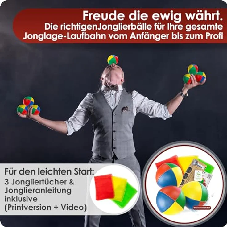 Weidebach® 3X Qualitäts Jonglierbälle Set, 130g, Ø 67 mm, wasserunempfindlich, inkl. 3 Jongliertücher und Anleitung, ideal für Anfänger und Profis – Bild 2