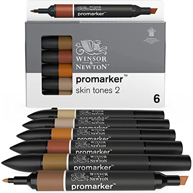 Winsor & Newton ProMarker 0290115, Professioneller Layoutmarker mit 2 Spitzen, fein und breit, Set Hauttöne 2, 6 Farben für Zeichnungen und Design
