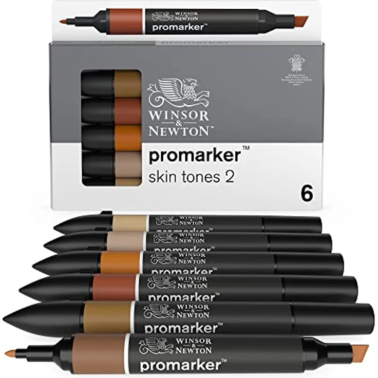 Winsor & Newton ProMarker 0290115, Professioneller Layoutmarker mit 2 Spitzen, fein und breit, Set Hauttöne 2, 6 Farben für Zeichnungen und Design – Bild 1
