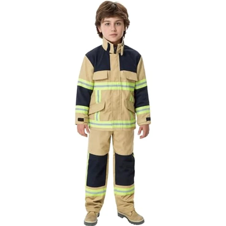Maskworld Realistisches sandfarbenes Feuerwehrmann-Kostüm für Kinder, 2-teilig mit Jacke und Hose, Größe 104, Verkleidung Karneval und Halloween – Bild 1