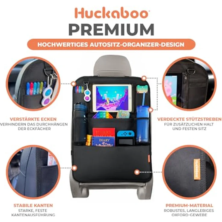 Huckaboo Autositz Organizer, Rücksitz-Organizer mit Tablet-Fach, 6 Taschen & Rückenlehnenschutz, Schwarz – Bild 4