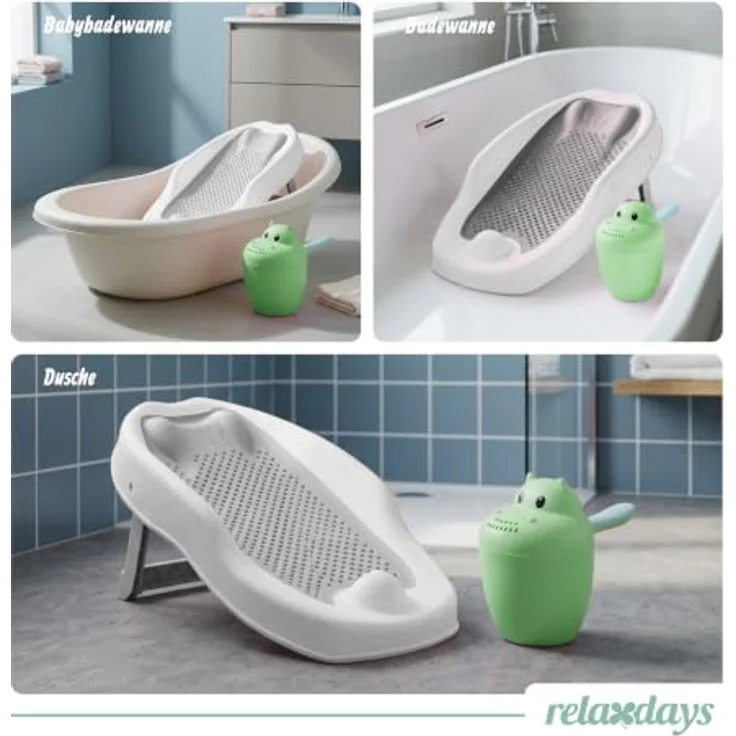 Relaxdays Baby-Badehilfe Set, tränenfreier Haarwaschbecher mit ergonomischer Liegeposition, grau – Bild 5