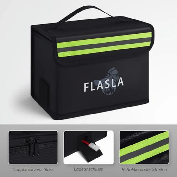 FLASLD Feuerfeste LiPo Tasche, explosionssicher mit Reflektorstreifen, 22 x 17 x 15 cm, inkl. Ladeanschluss – Bild 3