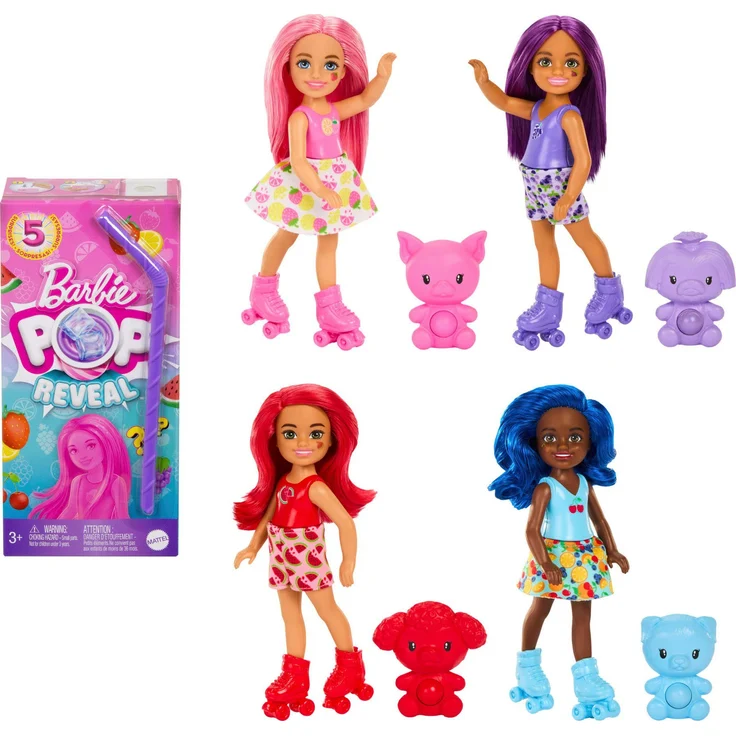Barbie Anziehpuppe Pop Reveal kleine Chelsea-Puppe der Fruit Serie, mit 5 Überraschungen, Dufterlebnis mit Erdbeerlimonade, Fruchtpunsch, Wassermelone oder Grapefruit, inkl. Rollschuhe – Bild 1
