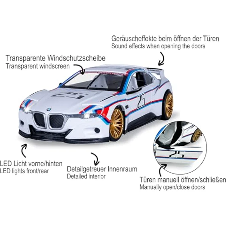 Weiss BMW 3.0 CSL Hommage R, Diecast Modellauto 1:24, weiss inkl. Knopfzellen – Bild 4