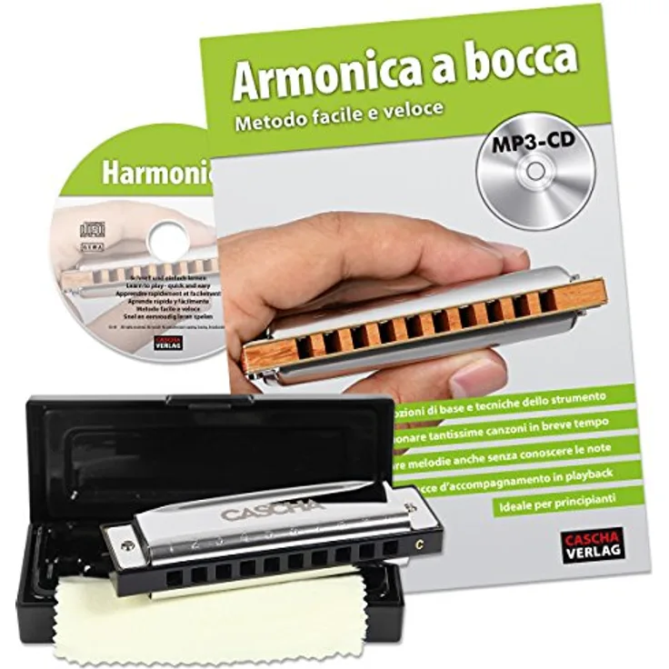 Cascha Mundharmonika lernen Anfänger-Set I italienisches Lehrbuch - 10-Loch diatonische Allround-Harmonika in C-Stimmung I inkl. MP3-CD Lern-Buch Hard-Case Putztuch I Blues Harp Schule Italienisch
