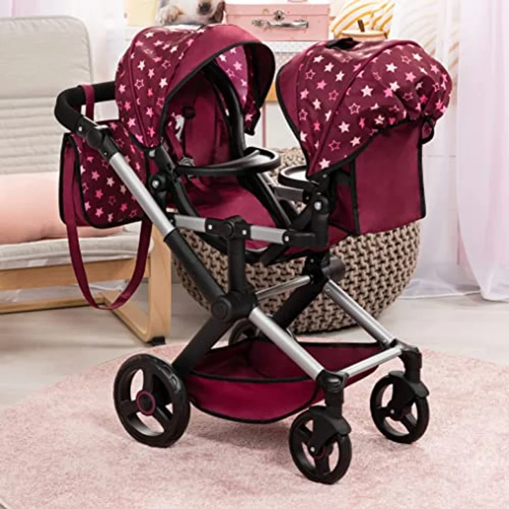 Bayer Puppen-Zwillingsbuggy Xeo Twin, bordeaux, mit verstellbaren Sonnenverdecken und Wickeltasche – Bild 3