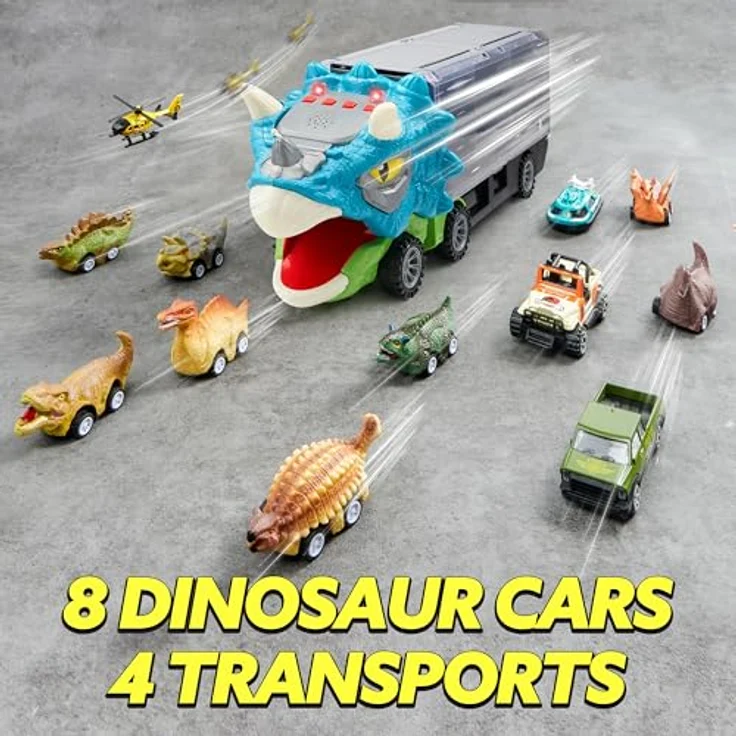 JOYIN 13-in-1 Dinosaurier-Transportwagen mit Sound und Lichtern, inkl. 12 Mini-Dino-Autos und Hubschrauber, Spielzeug für Kinder 3–5 Jahre – Bild 4