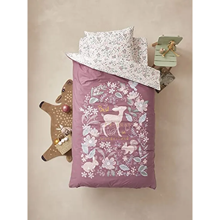 VERTBAUDET Kinder Bettwäsche-Set,Wunderland" pflaume 140X150 - KISSEN 63X63