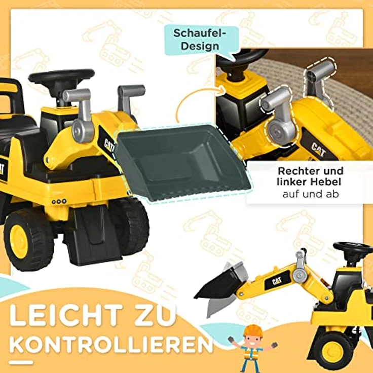 HOMCOM Sitzbagger, Rutscherfahrzeug mit Schaufel, Aufsitzbagger, Kinderbagger zum draufsitzen mit Hupe, Stauraum unter Sitz, Rutschauto für Kinder ab 12 Monaten, Gelb+Schwarz, 78 x 29,5 x 54 cm – Bild 5