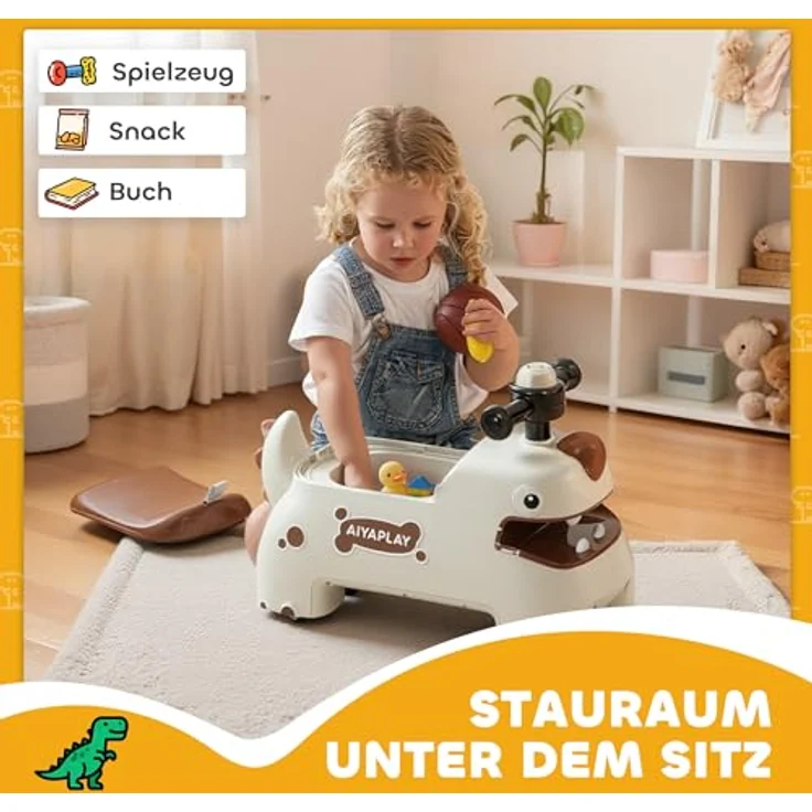 AIYAPLAY Rutschauto Dinosaurier-Design, mit Stauraum, Licht, Musik und Geräuschen, für 18-36 Monate, cremeweiß – Bild 5