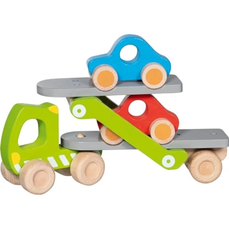 goki 55860 - Autotransporter mit 2 Fahrzeugen - harmonisches farbkonzept - aus Holz – Bild 4