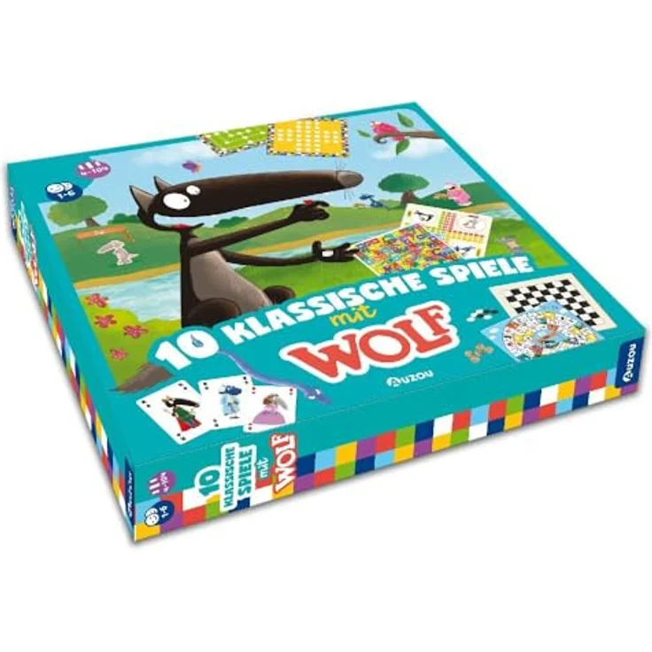 AUZOU 10 Klassische Spiele mit Wolf, Spielesammlung für 1–4 Spieler ab 4 Jahren, familienfreundliches Spieleset für Spieleabend und Familienspaß – Bild 1