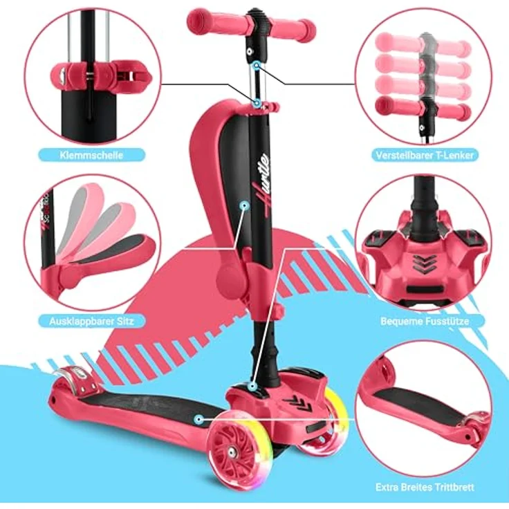 Hurtle ScootKid 3-Rad-Roller mit verstellbarem Lenker, rutschfester Plattform und blinkenden LED-Rädern für Kinder von 2-12 Jahren, abnehmbarer Klappsitz – Bild 4