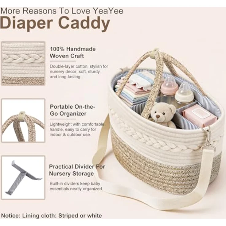 YeaYee Baby Windel Caddy Organizer, Multifunktionale Aufbewahrungsbox mit 5 wechselbaren Fächern, 100% Baumwoll-Leinen, tragbarer Aufbewahrungskorb für Windeln, geschlechtsneutrales Design – Bild 2
