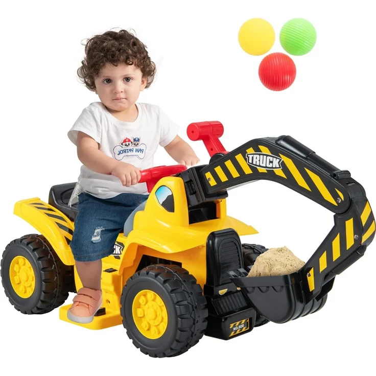 DREAMADE Elektro Sitzbagger, Kinderbagger mit Fernbedienung, Basketballkorb, Sounds und Stauraum, gelb