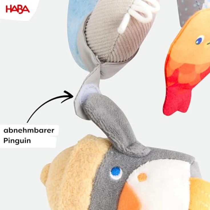 Haba Mobile Spirale Pinguin, Baby-Mobile mit Glöckchen, knisternden Stoffen und Spiegelfolie – Bild 3