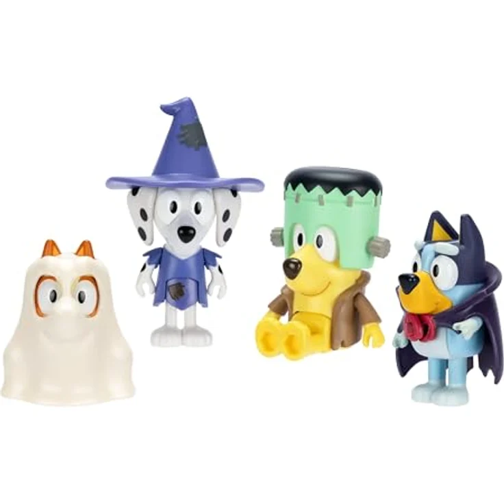 BlueY 4er-Figurenpackung Halloween, bewegliche Figuren (6,3 cm) Bingo, Chloe als Hexe, Lucky als Frankenstein und Bluey als Vampirin mit Zubehörteilen, für das Nachspielen aus der Animationsserie – Bild 1