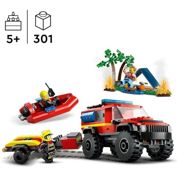 LEGO 60412 City Feuerwehrgeländewagen mit Rettungsboot, Offroad-Auto-Spielzeug für Kinder ab 5 Jahren, Rettungswagen mit Schlauchboot, Anhänger, Zelt und 3 Minifiguren, Geschenk für Jungs und Mädchen – Bild 2