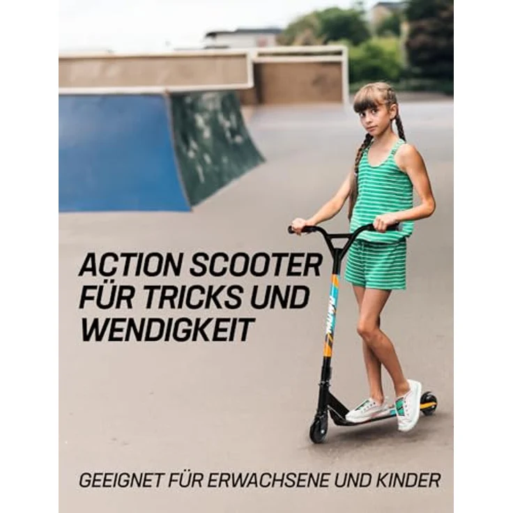 MUWO Halfpipe Stunt Scooter - Robuster Tretroller für Action und Tricks mit Rutschfester Trittfläche, Flexibler Rückradbremse und 360° Lenkung (Schwarz) – Bild 3