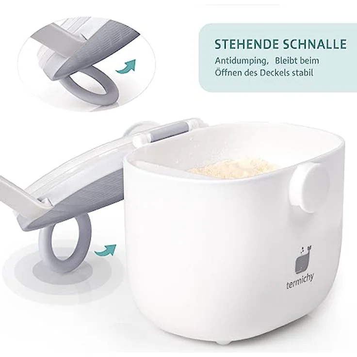 Milchpulver Portionierer baby, Termichy Milchpulver-Spender, 250g luftdichter tragbarer Milchpulver-Behälter für Reisen, mit Schaber und Löffel (Grau&weiß,1 Stück) – Bild 5
