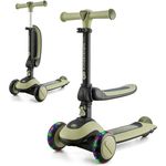 Kk Kinderkraft Halley Scooter 2 in 1, Kinderroller ab 1 Jahr bis zu 50 kg, Tretroller, Dreirad Roller mit Klappbar Sitz, LED Räder, Höheverstellbare Lenker, Zusammenklappen, Modernes Design, Grün