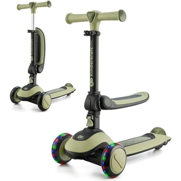 Kk Kinderkraft Halley Scooter 2 in 1, Kinderroller ab 1 Jahr bis zu 50 kg, Tretroller, Dreirad Roller mit Klappbar Sitz, LED Räder, Höheverstellbare Lenker, Zusammenklappen, Modernes Design, Grün – Bild 1