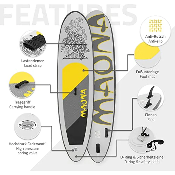 ECD Germany Aufblasbares Stand Up Paddle Board Maona, 308 x 78 x 10 cm, grau, PVC, bis 120 kg, inkl. Pumpe, Tragetasche, Zubehörset, SUP Board für Einsteiger und Fortgeschrittene – Bild 3