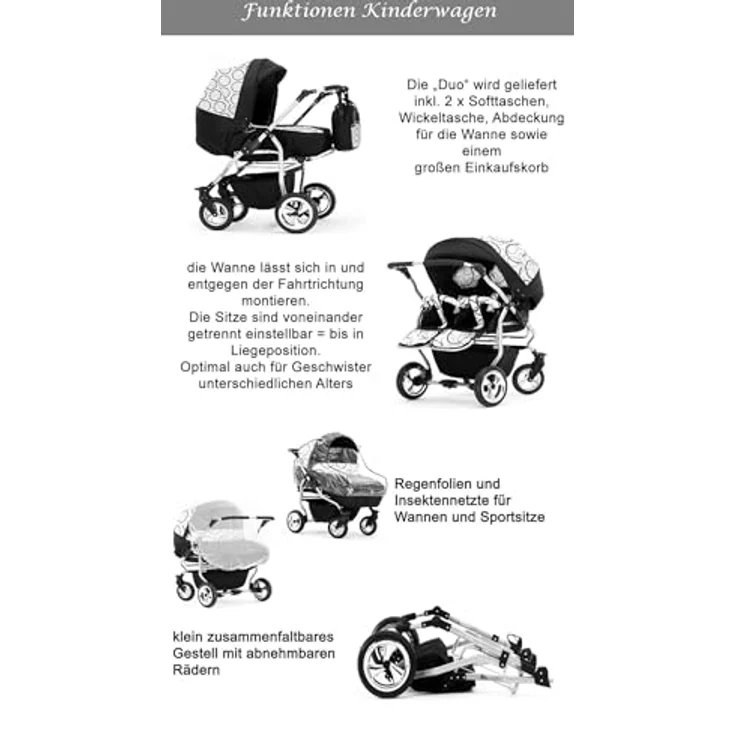 Elcar Zwillingskinderwagen 2 in 1 Duo Twin inkl. Sportsitze - 11 Teile - Federung und Luftbereifung, 20 Farben – Bild 5