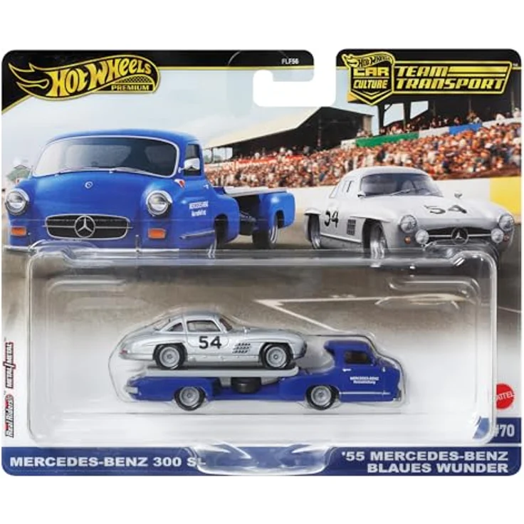 Hot Wheels Mercedes-Benz 300 SL und '55 Blaues Wunder Team Transport Set, Modellfahrzeuge mit detaillierter Metall- und Kunststoffkonstruktion, silberne und blaue Lackierung, ideal zur Präsentation in Blisterverpackung – Bild 1