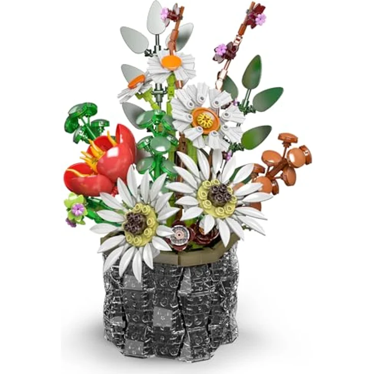 Mould King 24107 Blumen-Baustein-Set, DIY-Modell mit flexiblen Sonnenblumen, Tulpen und Gänseblümchen in Vase, 1157 Teile – Bild 3