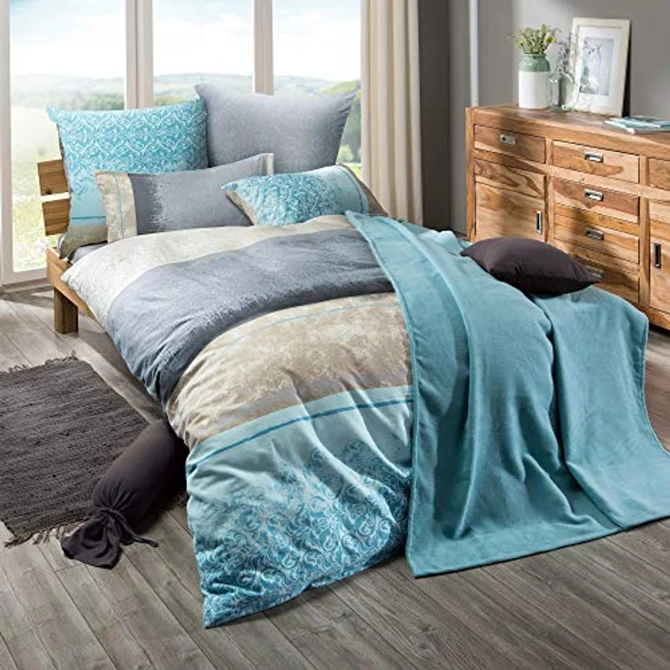 Erwin Müller Flanell-Bettwäsche4-tlg. Sparpaket, gemusterte Streifen - samtweich, temperaturausgleichend, mit praktischem Reißverschluss - blau-Silber Größe 135x200 cm (80x80 cm) – Bild 5