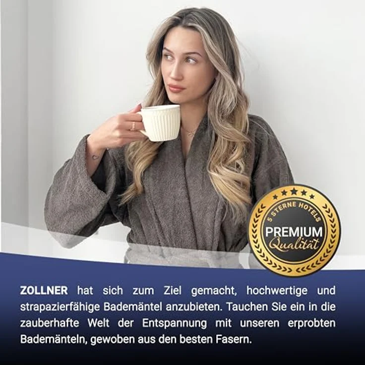 ZOLLNER Unisex-Bademantel, 100% Baumwolle, Schalkragen, Gürtel, S-6XL, weiß – Bild 5