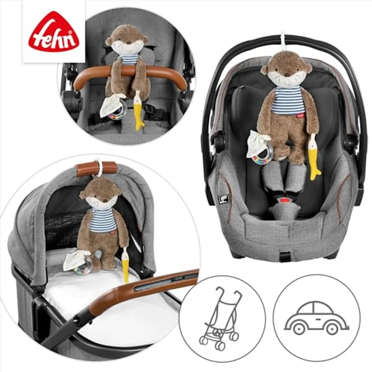 Fehn Greifspielzeug Otter Theo, Activity-Otter mit Rasselring und Glöckchen, zur Befestigung an Kinderwagen, Babyschale oder Bett, für Babys ab 0 Monaten – Bild 5