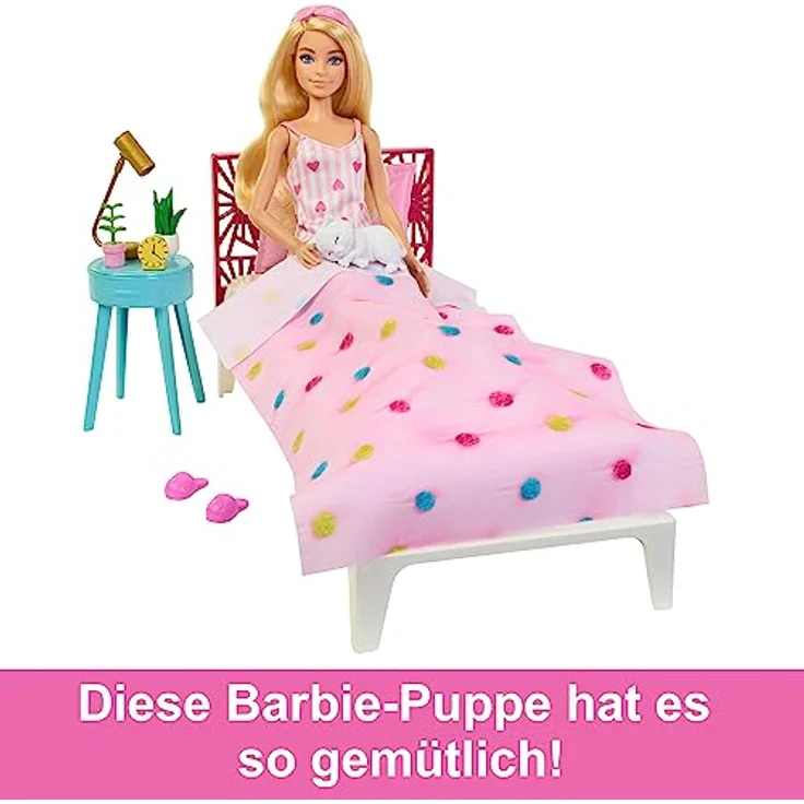 BARBIE Schlafzimmer-Spielset - Puppe, Bett, Schminktisch, Kätzchen und 20 Zubehörteile kreatives Spielen, inklusive flauschigem Bademantel und Hausschuhen, für Kinder ab 3 Jahren, HPT55 – Bild 4