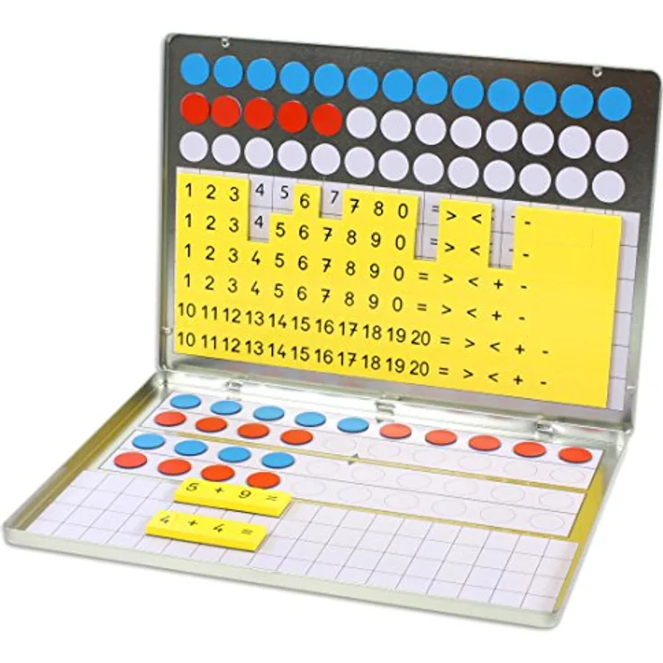 Betzold Lernspielzeug 1, 2, 3 ... Zahlenzauberei, Rechenmagnetbox aus robustem Stahlblech, mit 39 magnetischen Wendeplättchen und 92 Zahlen- und Rechenzeichen, kompakt und transportabel