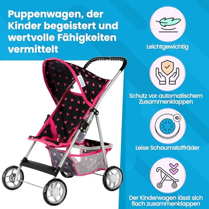 Kinderplay Puppenwagen, Puppen Buggy Kinderwagen, Buggy mit Anschnallgurt und Einkaufsnetz - Babyspielzeug, Modern, Leichtgängiger Räder und weichem Soft-Griff, KP0280R – Bild 2