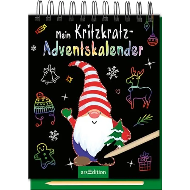 Ars Edition Mein Kritzkratz-Adventskalender, Kreatives Kritzkratz-Block mit Holzstift, 24 weihnachtliche Motive, 20,5 cm x 15,5 cm