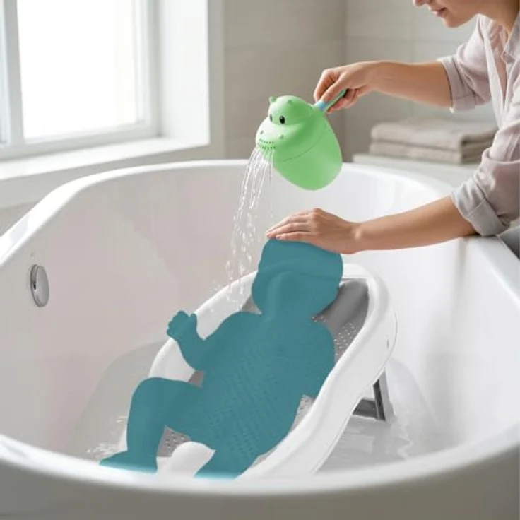 Relaxdays Baby-Badehilfe Set, tränenfreier Haarwaschbecher mit ergonomischer Liegeposition, grau – Bild 3