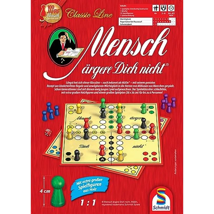 Schmidt Spiele 49439 Mensch ärgere Dich Nicht, Classic Line in Metalldose mit extra großen Holz-Spielfiguren, Rot, für 2-6 Spieler, ab 6 Jahren – Bild 3