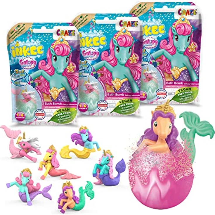 CRAZE INKEE GALUPY MERMAID | 3er Pack Meerjungfrau Badekugeln, 3x Kinder Badebomben mit Überraschung , Einhorn Spielzeug, Blaubeerenaroma – Bild 2