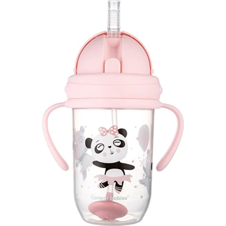 Canpol babies 56/606 Auslaufsicherer Becher mit Strohhalm, 270 ml, 6m+, exotische Tiere, Rosa – Bild 1