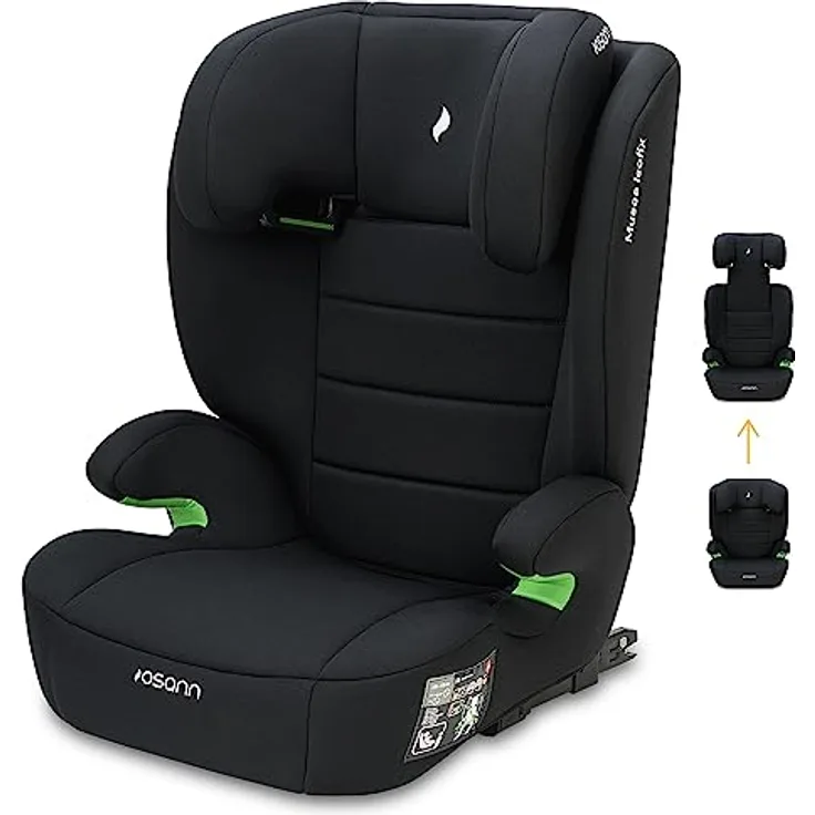 Osann Kindersitz Musca Isofix i-Size ab 3 Jahre - 12 Jahre (100 cm - 150 cm) mit Isofix - Black, 14-fach höhenverstellbare Kopfstütze, Memoryschaum Seitenaufprallschutz