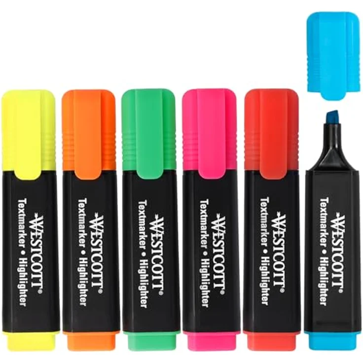 WESTCOTT Textmarker farbsortiert, 6 St., Ergonomisch mit Keilspitze, schnell trocknend, verschiedene Farben – Bild 1