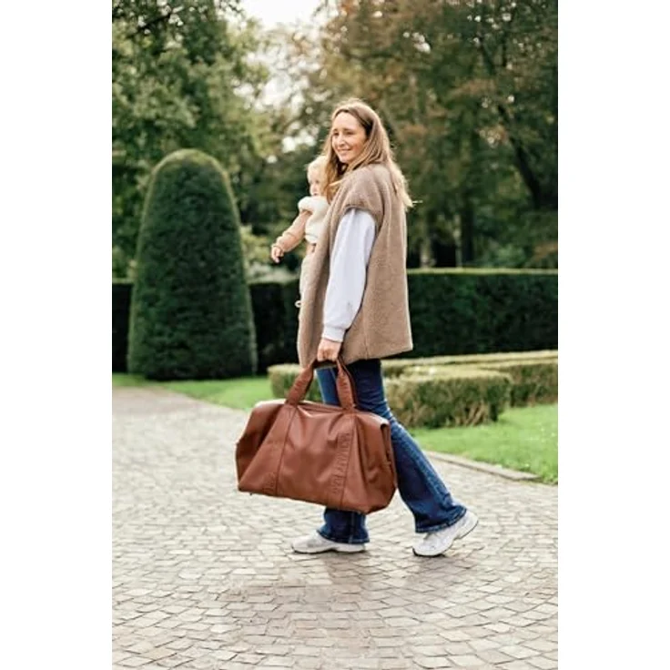 CHILDHOME Mommy Bag, Wickeltasche aus Kunstleder in Dunkelbraun, großes Fassungsvermögen, inklusive Wickelunterlage und Kühltasche, verstellbarer Schultergurt, unterteilt, Isolierfach, für Reise und Alltag – Bild 4
