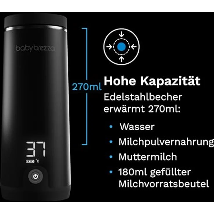 Baby Brezza SuperFast Portable Warmer, Tragbarer Muttermilch- & Wasserwärmer mit 4 Temperaturstufen, USB-C, gleichmäßige Erwärmung durch Sensor-Technologie, Edelstahl – Bild 2
