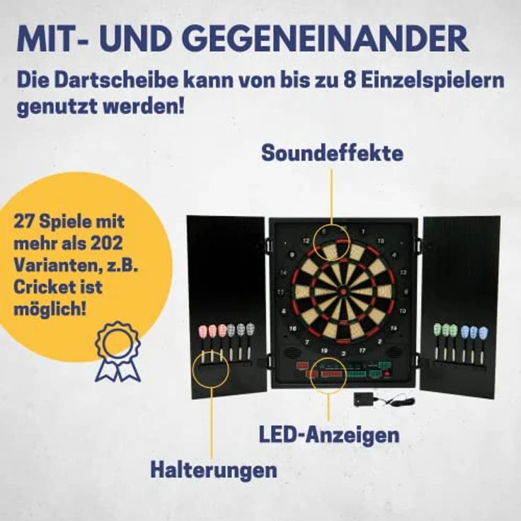 BEST SPORTING Dartscheibe elektronisch Glasgow I LED-Anzeigen & Soundeffekte I Dartboard Kabinett - für 8 Spieler – Bild 4