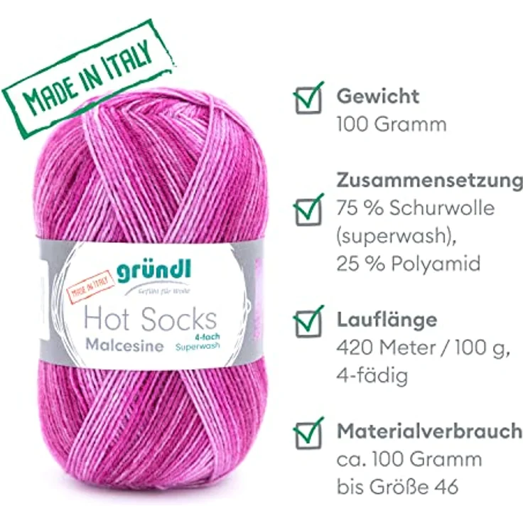 Gründl Hot Socks Malcesine (Sockenwolle aus 75% Schurwolle (superwash) und 25% Polyamid, Made in Italy, 4-fach Sockengarn, 100 g / 420 m, Nadelstärke: 2,5 mm - 3 mm, 1 x 100 g), fuchsia color – Bild 2