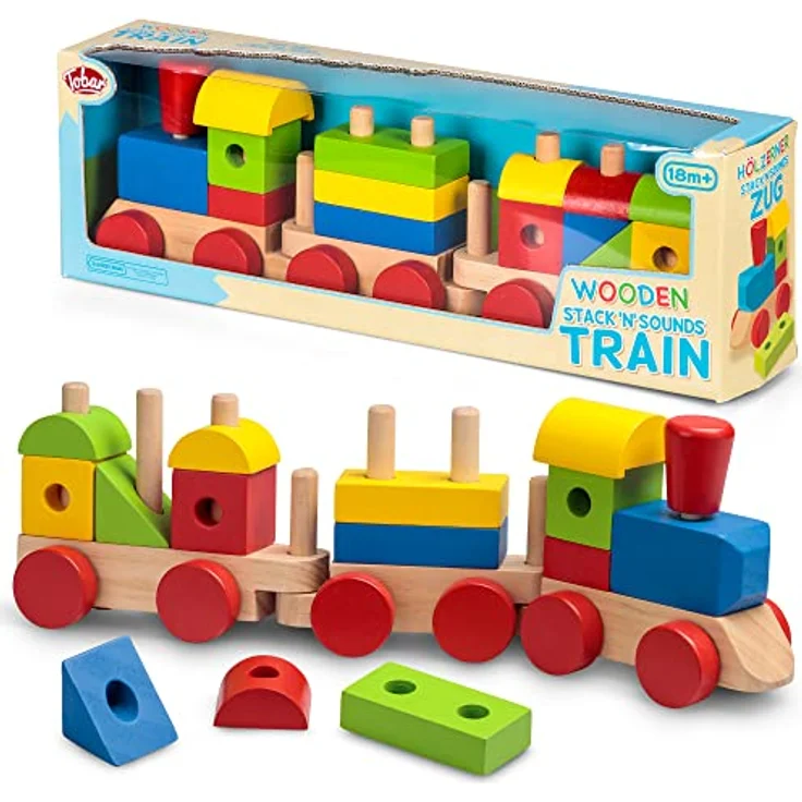 Tobar 36452 Holzstapel 'N' Sounds Zug, stapelbares Massivholzspielzeug mit 3 Zuggeräuschen, verschiedene Designs und Farben – Bild 2