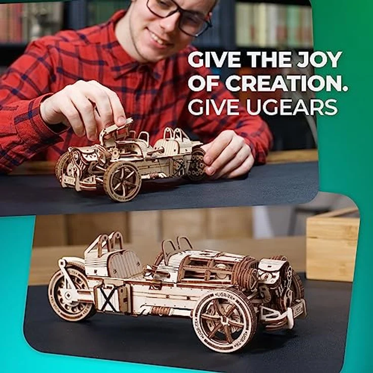 UGEARS Dreiradfahrzeug UGR-S - 3D Holzpuzzle Motorrad - Auto 3D Puzzle Modellbausatz für Erwachsene - 3D Motorrad Holzpuzzle - Magicholz Motorrad Modell mit funktionsfähiger Lenkung und Federmotor – Bild 4